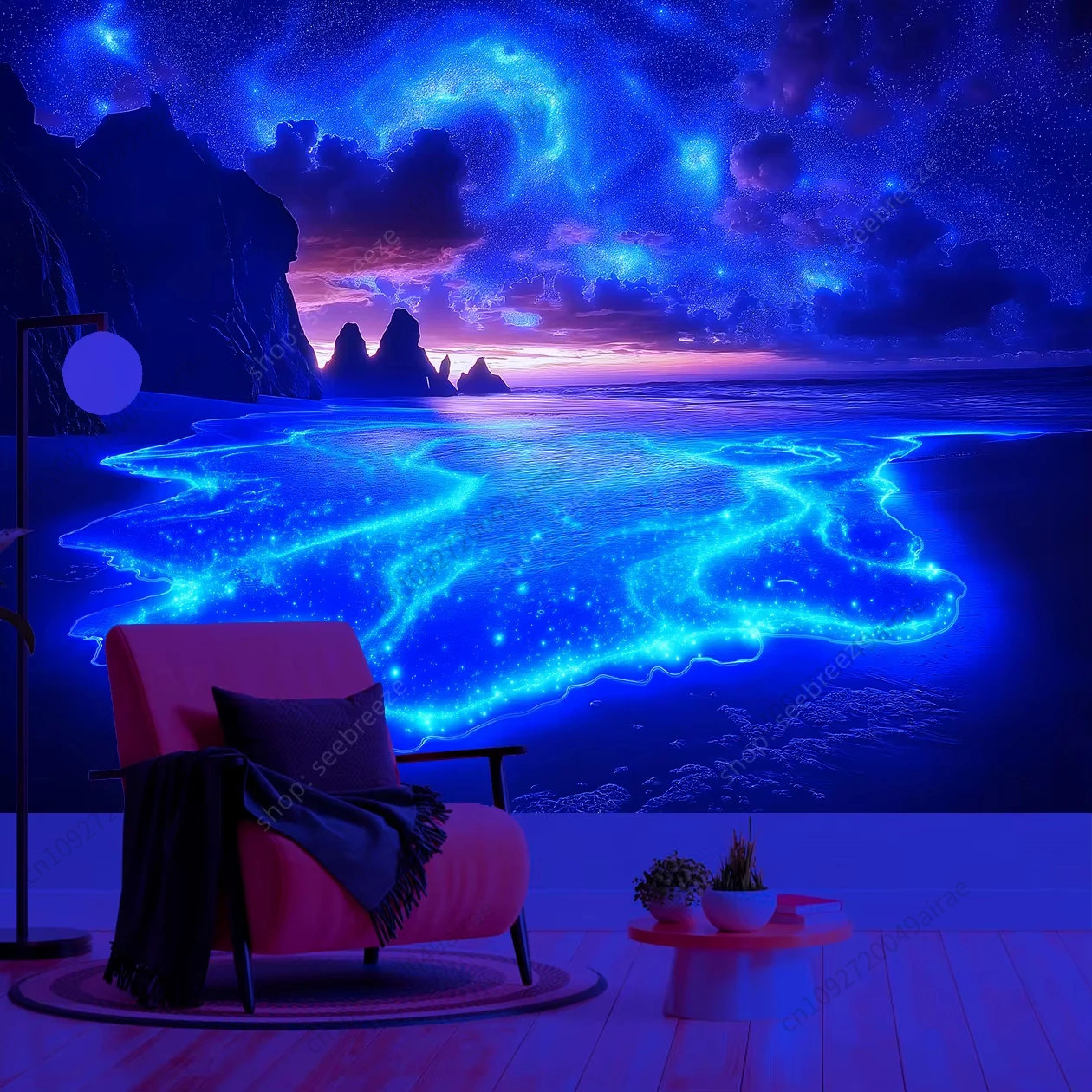 Fantasy Design Ozean Nacht Szene Wandteppich Glühender Strand Sternenhimmel UV Wandteppich Flaggen Hintergrund Tuch Leuchtende Raumdekoration