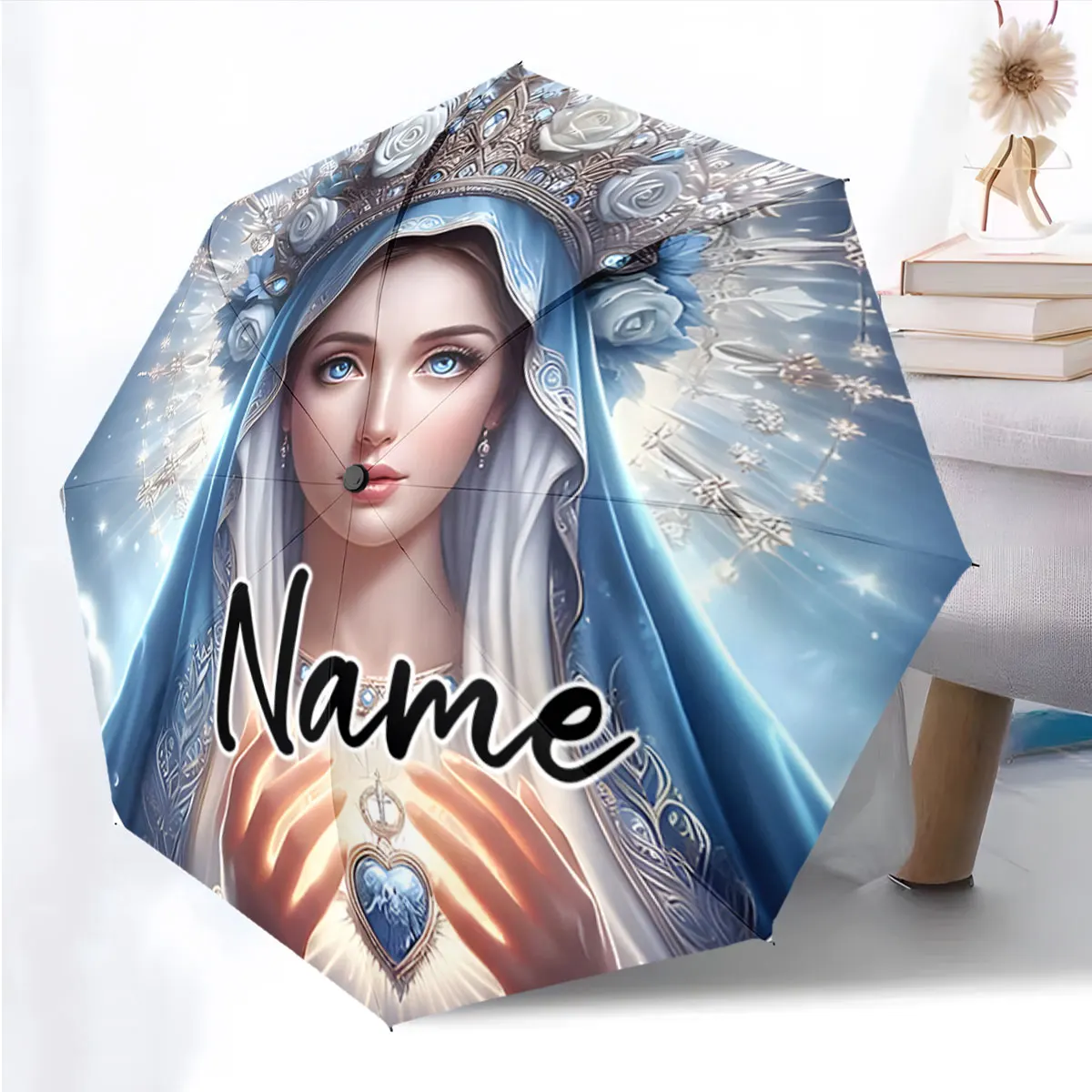 Custom Name Elegant Umbrella Featuring Angelic Artwork Design Print 8 Iron Ribs Folding Umbrella Auto-Open Fashion Sunshade