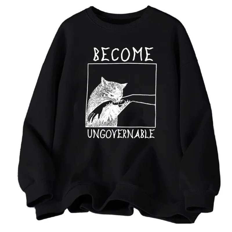 Word Ungovernable Black Cat Bijtende Hand Grappige Sweatshirts Lange Mouw Trui Grafische Hoodies Y2k Kleding Streetwear Tops