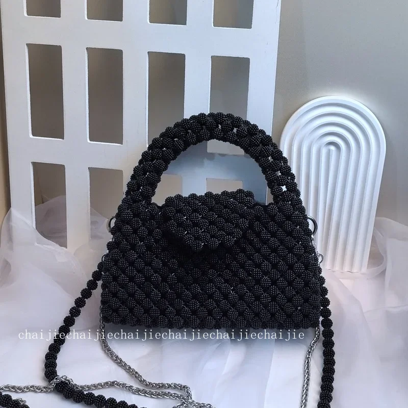 New Handmade Beaded Woven Black High Grade Chain Women's Crossbody Bags Fashionable INS Texture One Shoulder Inner Bag Handbag