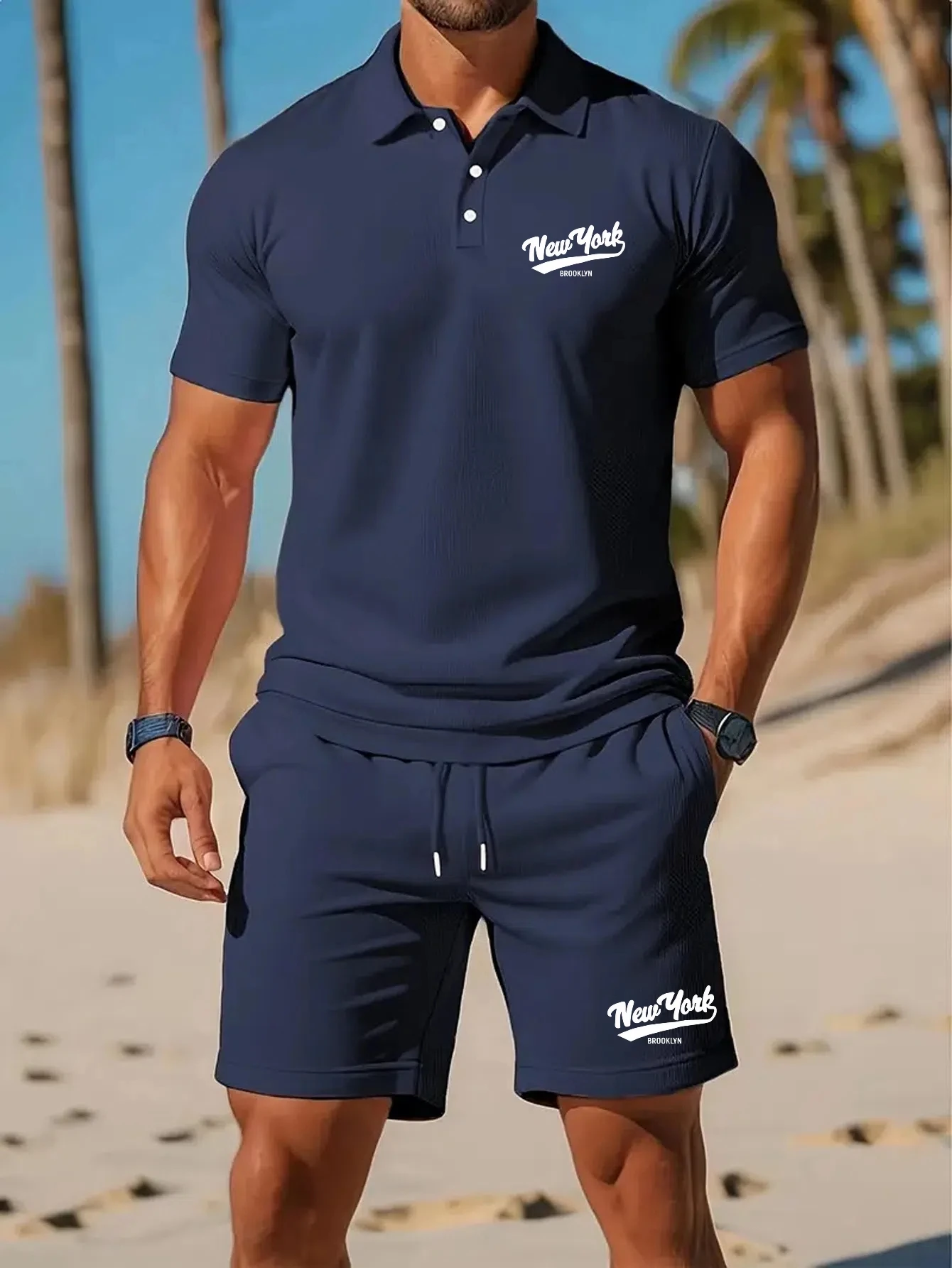 Summer men's fashionable beach short-sleeved polo shirt two-piece casual outdoor lettered slogan pattern sports shorts set