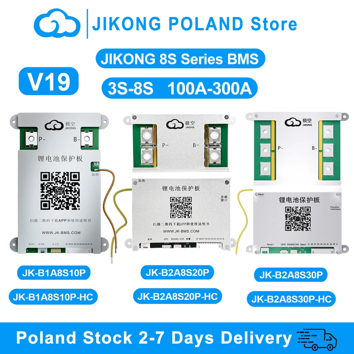 JIKONG V19 JK BMS 3S 4S-8S chaleur peut RS485 BT 0.4A ~ 2A équilibreur actif de courant pour batterie Li-ion LiFePo4 Lto BMS 100A 200A 300A