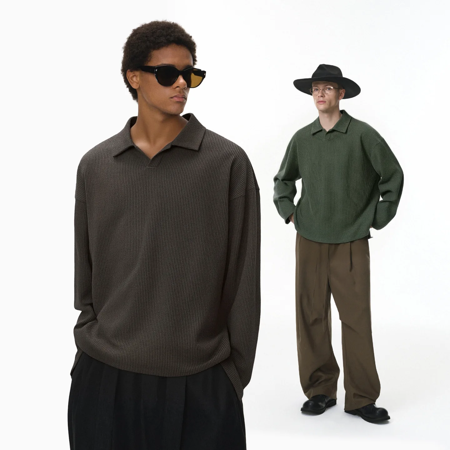 تي شيرت بولو بأكمام طويلة للرجال من New Season مع ياقة النورس - ملابس شارع كاجوال بلون سادة #4