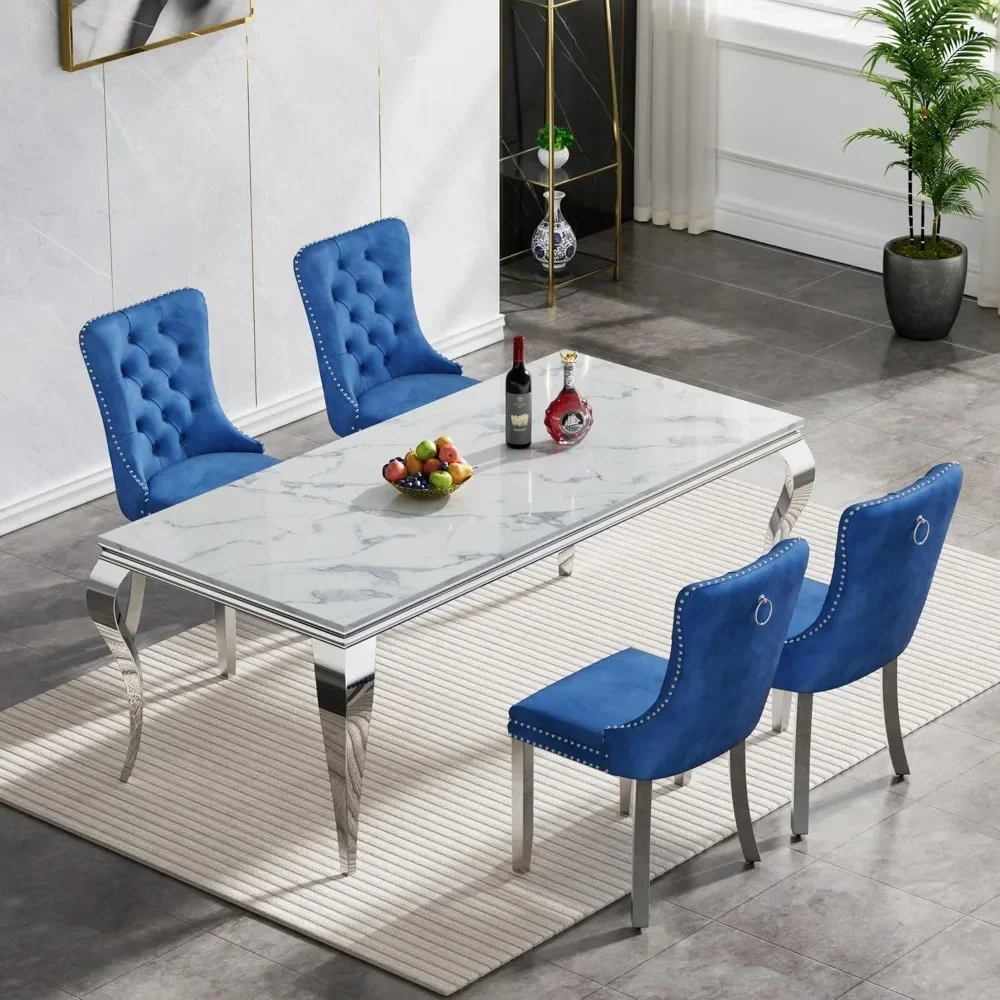 

Dining Table Set for 4, 70" Faux Marble Dinner Tables with Stainless Steel Pedestal, 4 Upholstered Chairs, Dining Room Set