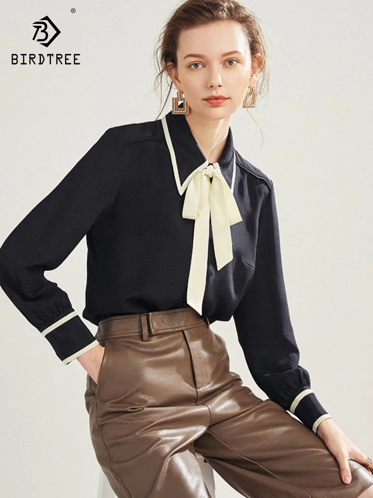 

Birdtree 6A 100%Mulberry Silk Black Women's Shirt Spring/Summer 2023 New French Lace Up Long Sleeved Office Lady Top T38359QC