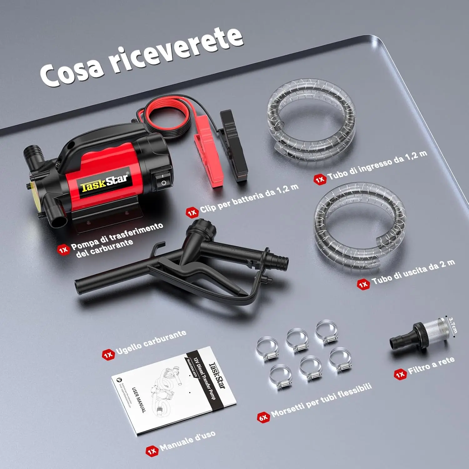 TaskStar 12V elektrische brandstofoverdrachtpompset 13GPM batterij dieseloverdrachtpomp met brandstofmondstukslangen voor thuisbedrijf boerderij