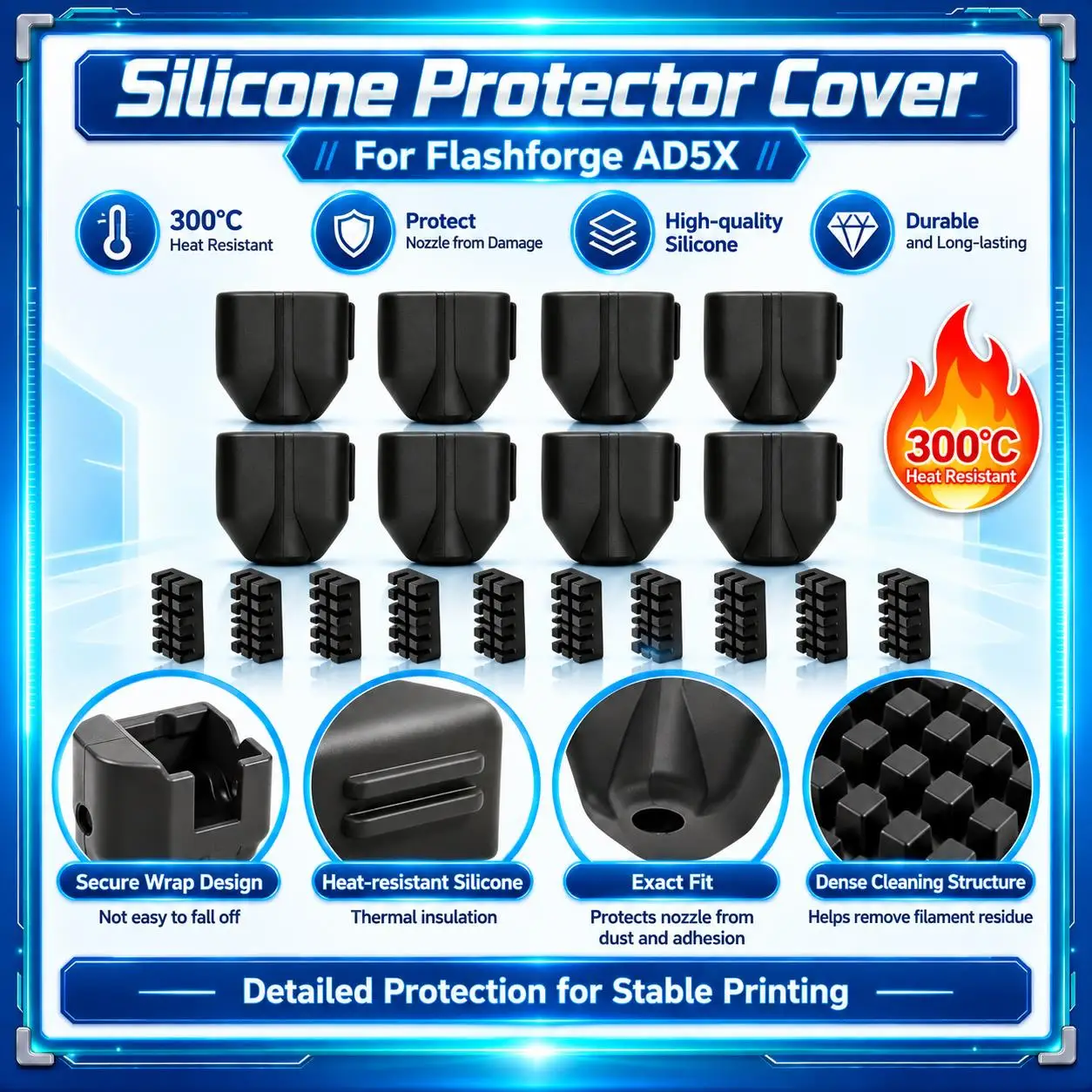 Heat Insulation Silicone Sock For Flashforge AD5X Hotend Protective Case Nozzle Wiper Cleaning Brush 3D Printer Replacement Part