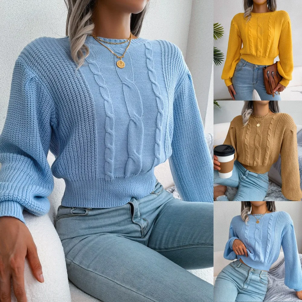 Women Casual Lantern Long Sleeve Slim Waist Knitted Sweater Pullovers For Autumn Winter 2024