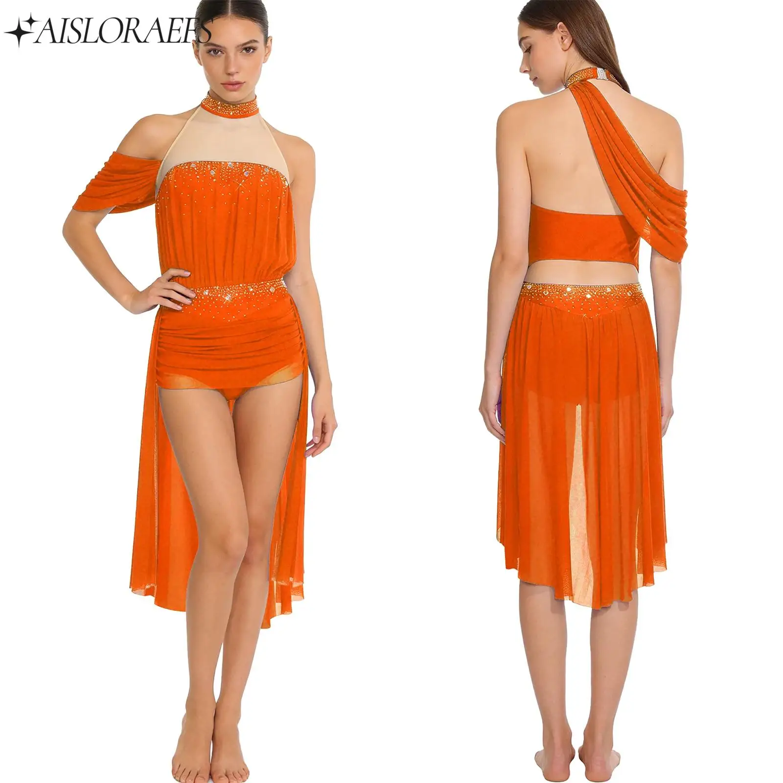 

Figure Skating Dance Dress for Womens Lyrical Latin Dancewear Rhinestone Ruched Mesh Halter Bodysuits Dresses Performance Party