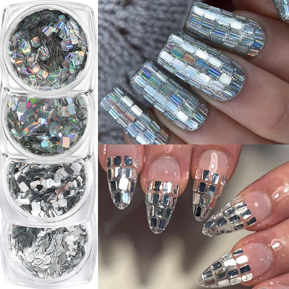 3D Silver Mini Square Laser Holographic Nail Art Sequins, Square Laser Nail Sequins DIY Nail Salon Supplies Nail Decoration