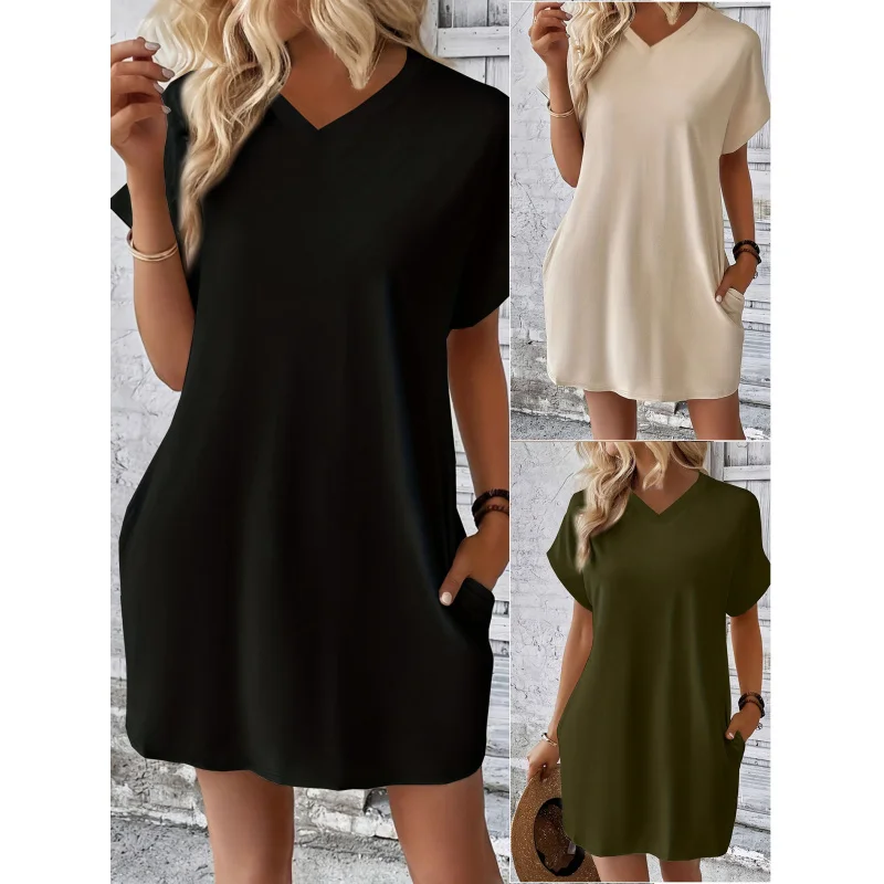 

2024Women's Spring and Summer New Solid Color round Neck Loose Short Sleeve Pocket Dress
