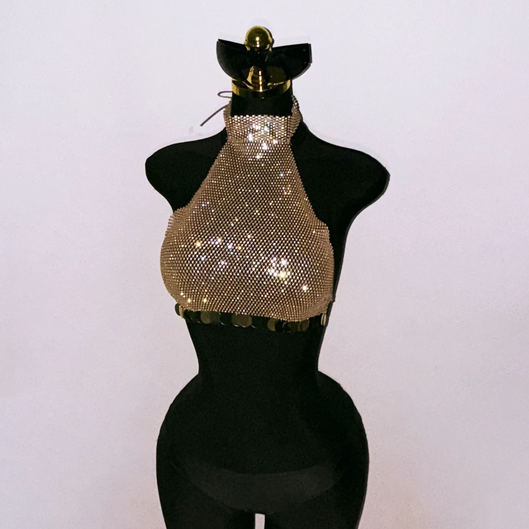 Women Elastic Mesh Rhinestone Tank Top Sexy Perspective Hollow Out Fishnet Sequins Tassel Crop Top Rave Party Club Camisole