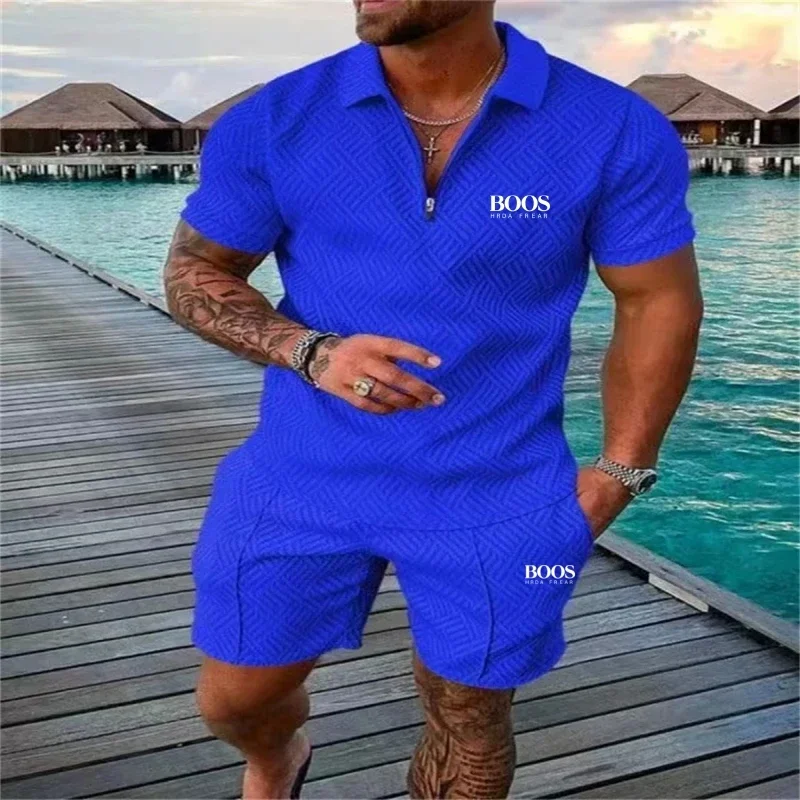 Conjunto de shorts de manga curta com zíper bordado de alta qualidade masculino de verão, novo conjunto de praia multifuncional elegante e casual