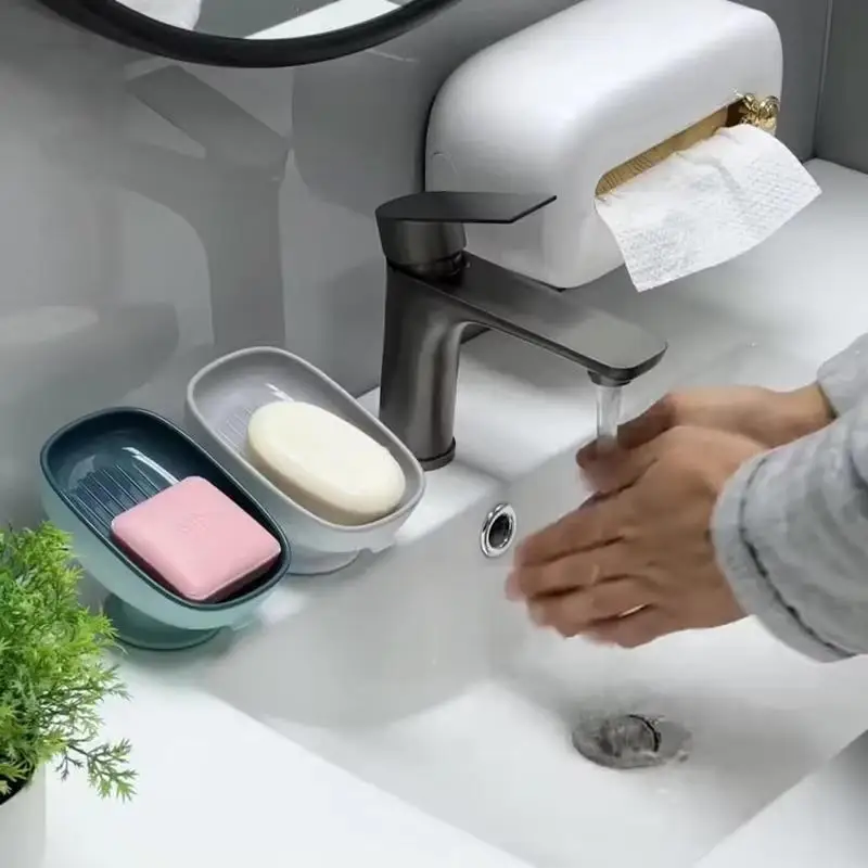 Self Draining Soap Holder with Super Suction Cup Detachable Tray Soap Dish for Bathroom Kitchen Sponge Storage