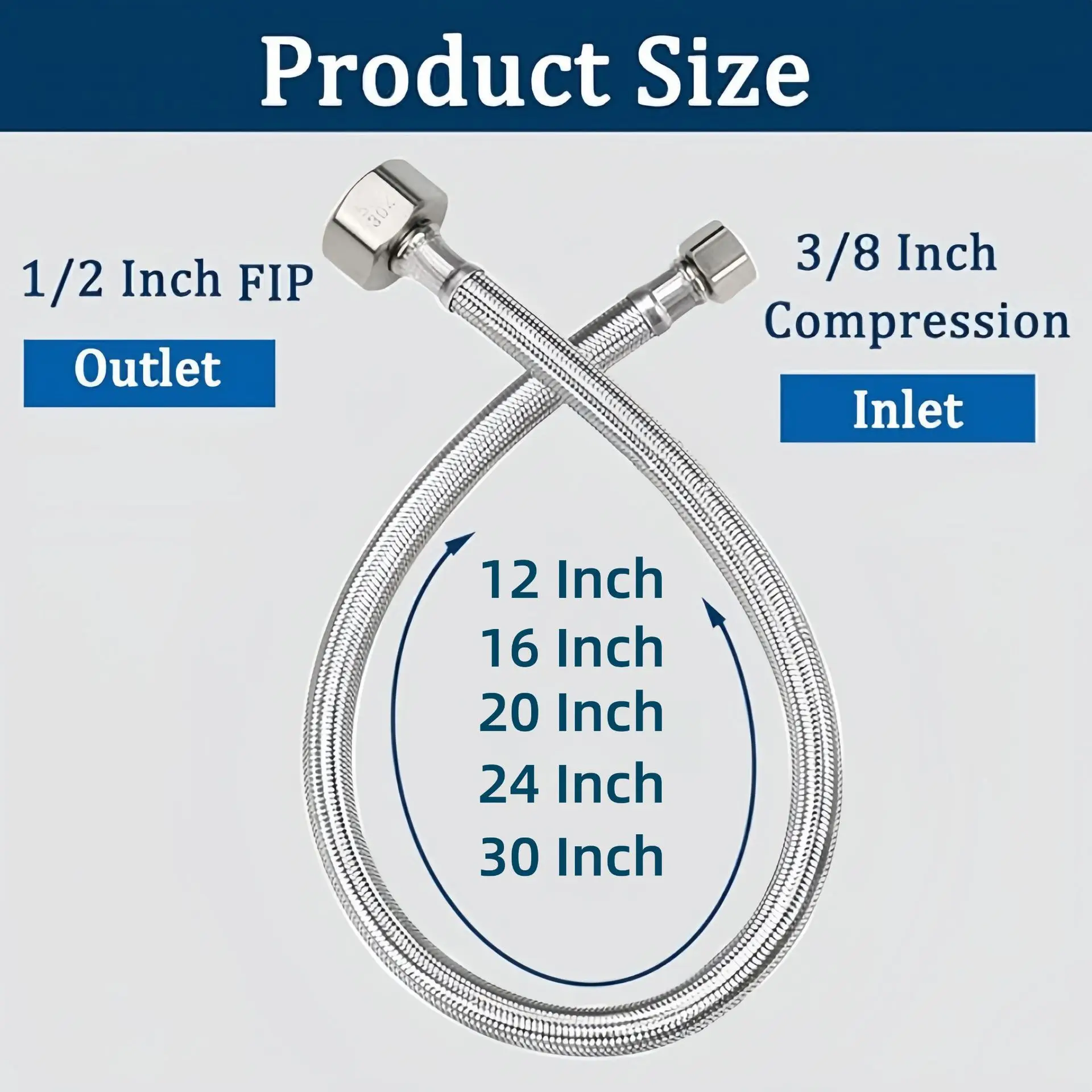 New 8-40 Inch 304 Stainless Steel Braided Hose 3/8 Turn 1/2 Double Head Pipe Hot And Cold Faucet Inlet Pipe Extension Hose