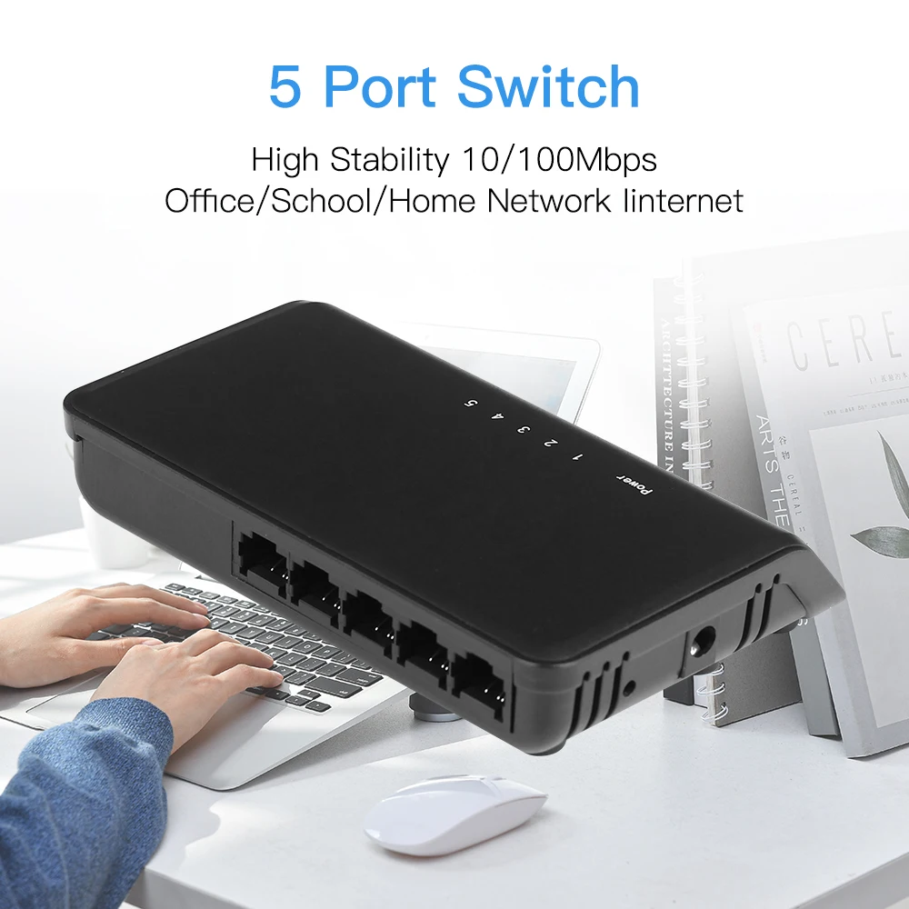 5 Port Fast Ethernet Switch 10/100Mbps Network Switch Plug and Play Desktop Hub for Home Office School LAN Internet