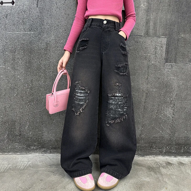 Girls Ripped Jeans Autumn 2024 Fasion Loose Casual Wide Leg Pants for Kids Straight Elastic Waist Teenage Children Trousers