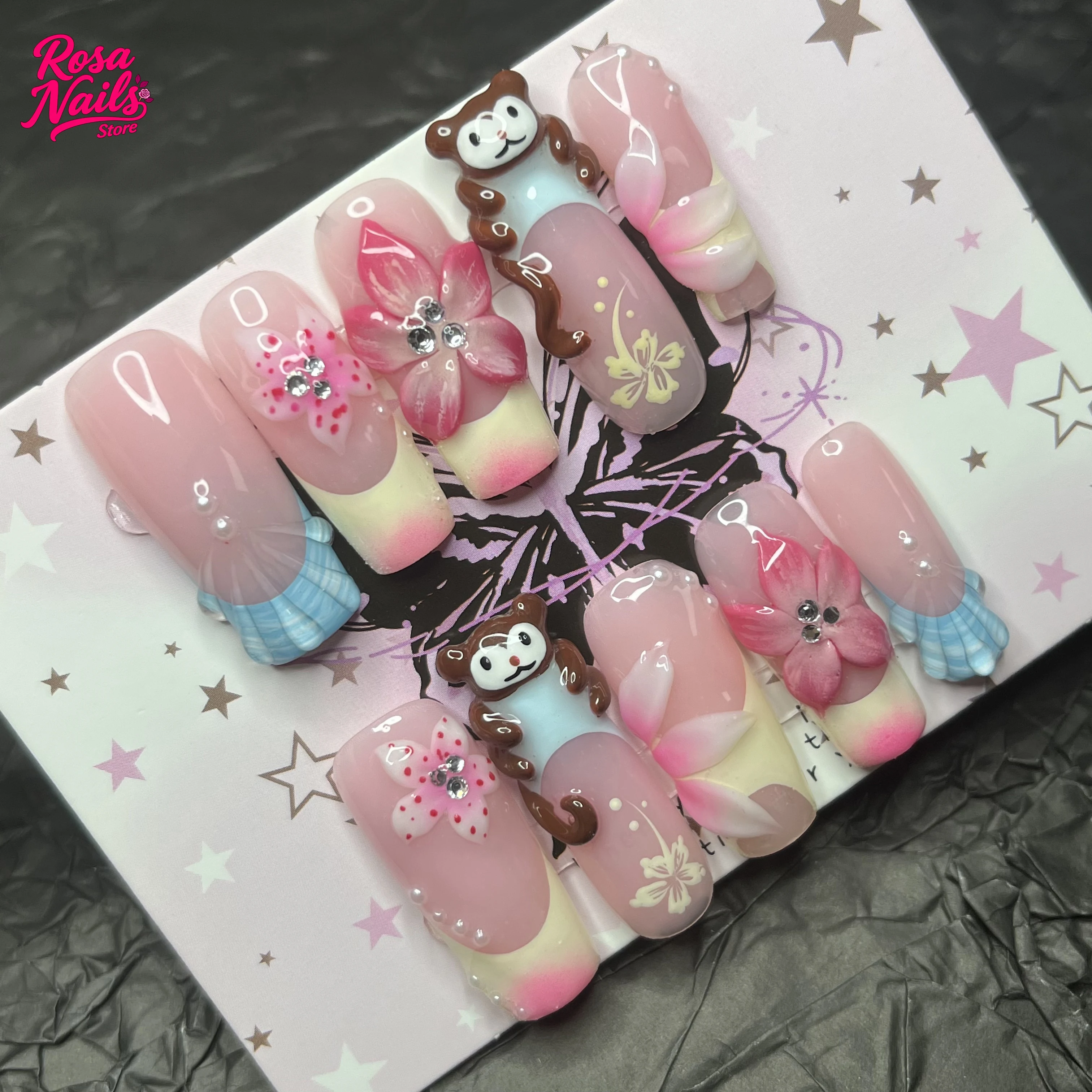 

10pcs Handmade Acrylic Press on Nails 3D Monkey Flower Pink Cute Nail Long Square Handpainted Nail Vacation Holiday Summer Nails