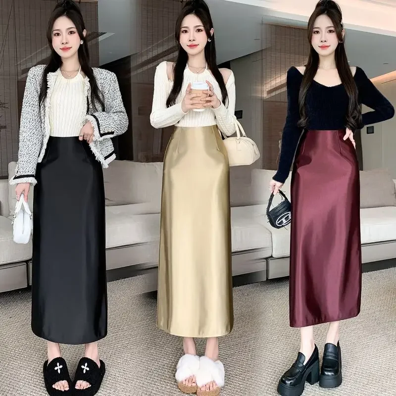 

Women's Satin Long Skirt 2024 New Elegant High Waisted Long Beige Half Length Skirt Silk Lace Long Skirt for Women P750