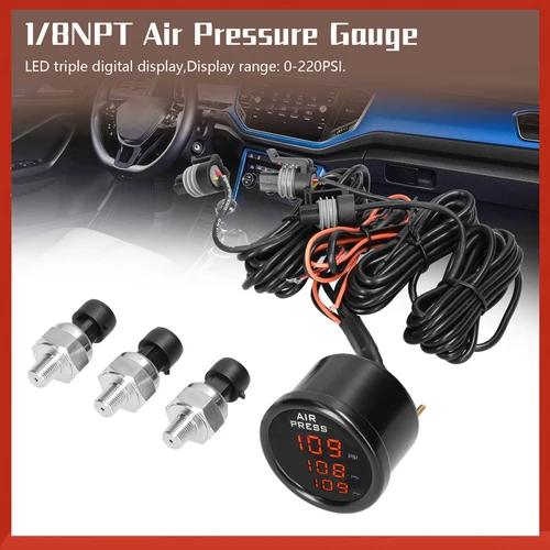 Imagen 2 del producto Medidor de presión de aire de Triple pantalla de 0-220PSI, medidor de suspensión neumática Digital LED con sensores 1/8NPT, medidor de presión de aire 1/8NPT