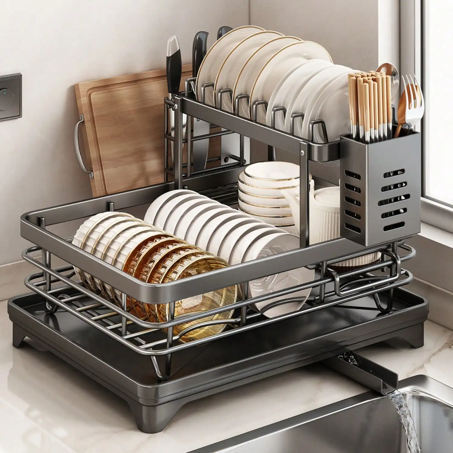 Компактная сушилка для посуды (2 уровня): нержавеющая сталь + дренажный поддон, кухонный органайзер