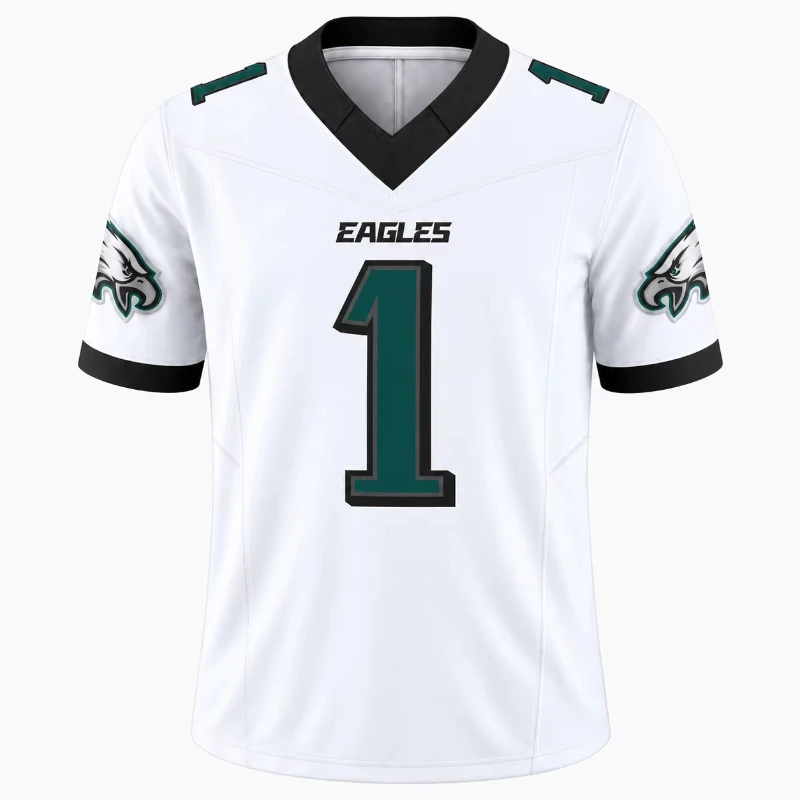 White #1 Number American Football Jersey Unisex V-Neck Short Sleeve Tee Eagle Graphic Sports Uniform Casual Tops Men Women Fan