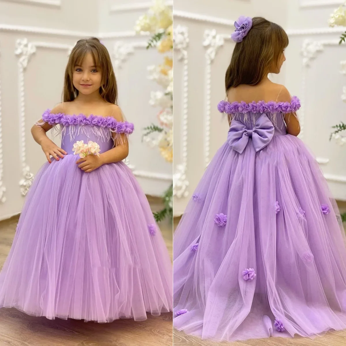 

Lavender Flower Girl Dresses for Wedding Floral Appliques Floor Length Princess Girl Kid Birthday Party First Communion Gowns