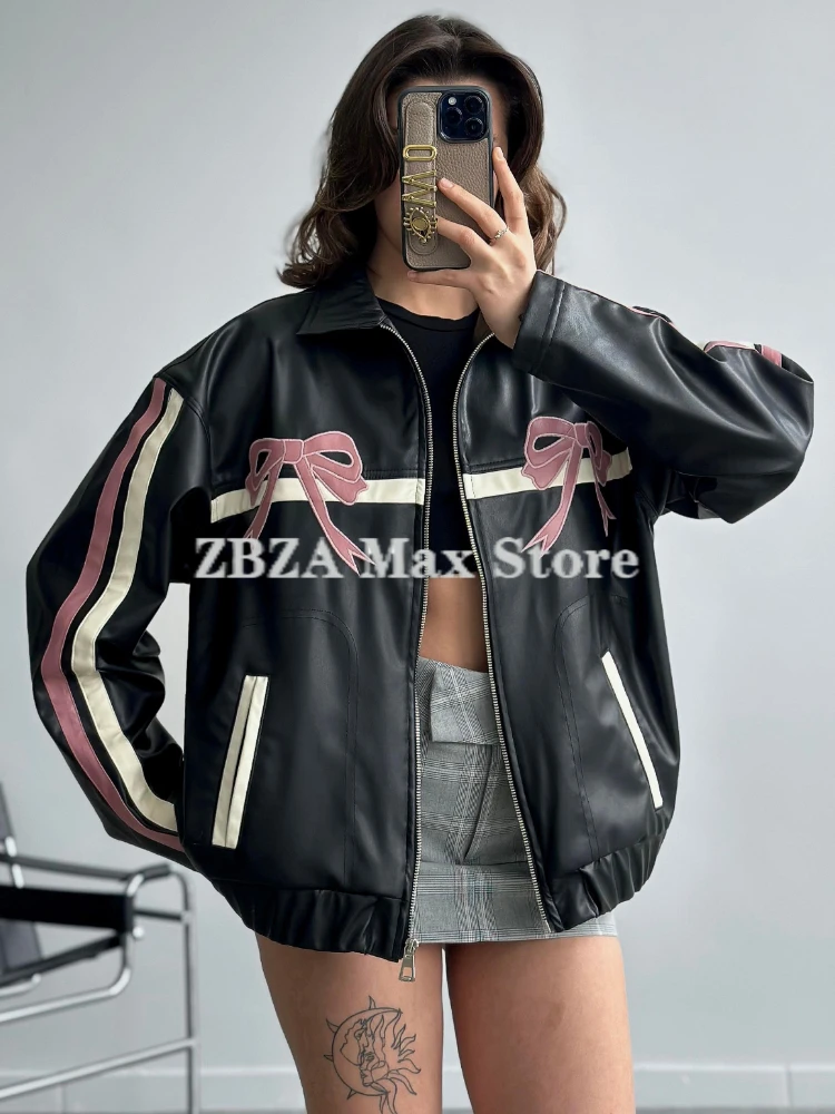 Woman Sweet Cool PU Bomber Jacket Coat Street Bow Retro Lapel Long Sleeves Faux Leather Jacket Fall Female Streetwear Outerwear