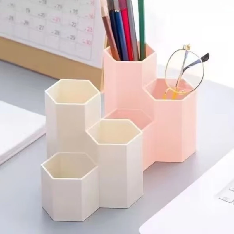 3-Grid Hexagonal Modular Pen Cup, Plastic Desk Stationery Organizer, Minimalist Desktop Storage for Home Study Office