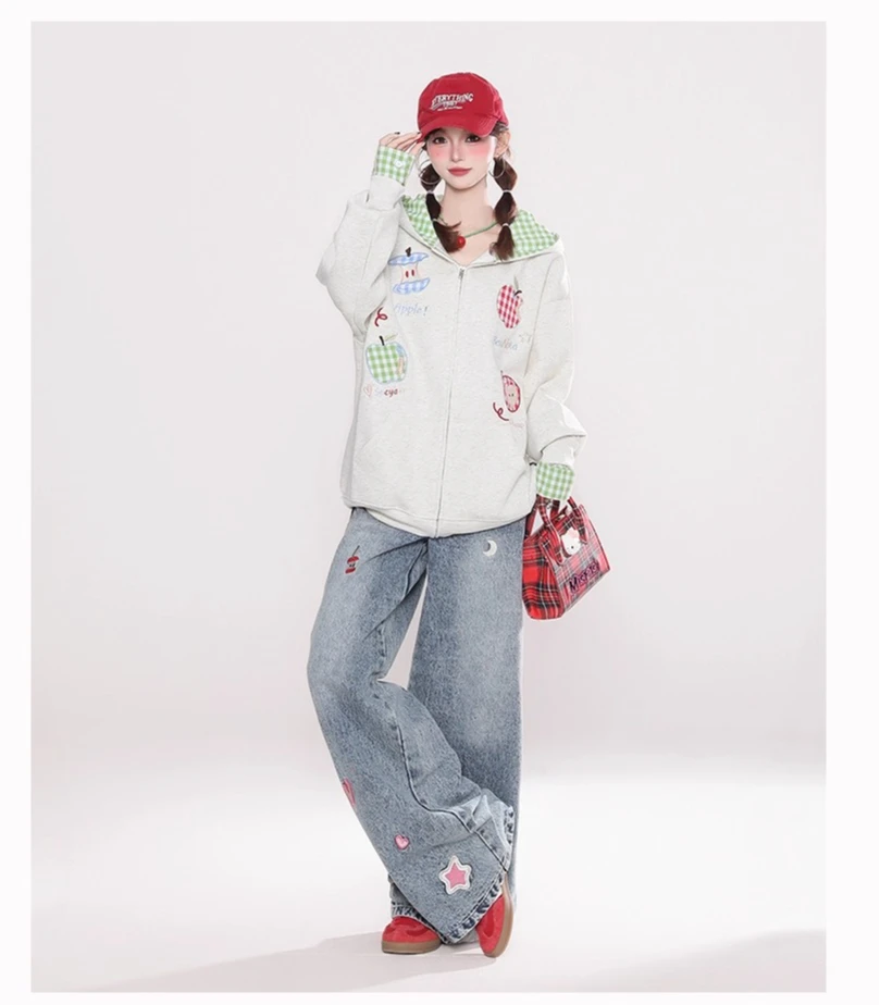 2025 Spring and Autumn New American Style Women's Apple Embroidery Plaid Hooded Gray Sweatshirt Blue Loose High Waist Jeans