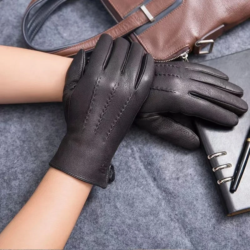 Jthc001 Winter Gloves Men Genuine Leather Sheepskin for Adult Warm Winter Deerskin Gloves Christmas Gift Men\'s Sheepskin Gloves