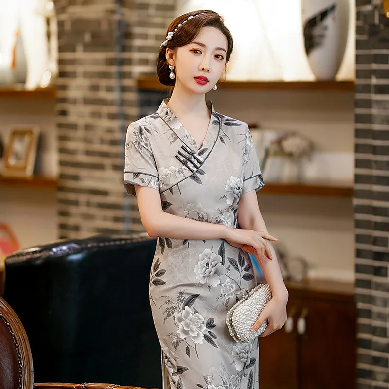 New Gray Ink  Qipao Chinese Style Cheongsam Traditional Cheongsam Short-sleeved Evening QuipaoDress