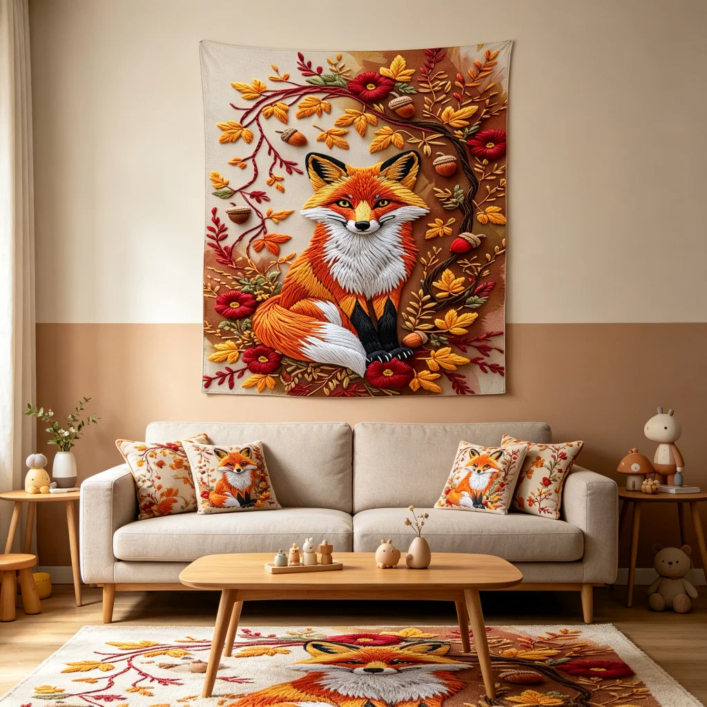 1PC Fox Embroidery Art Print Backdrop Banner, Bedroom Living Room Photo Background, Polyester, Home Decor, Wall Art