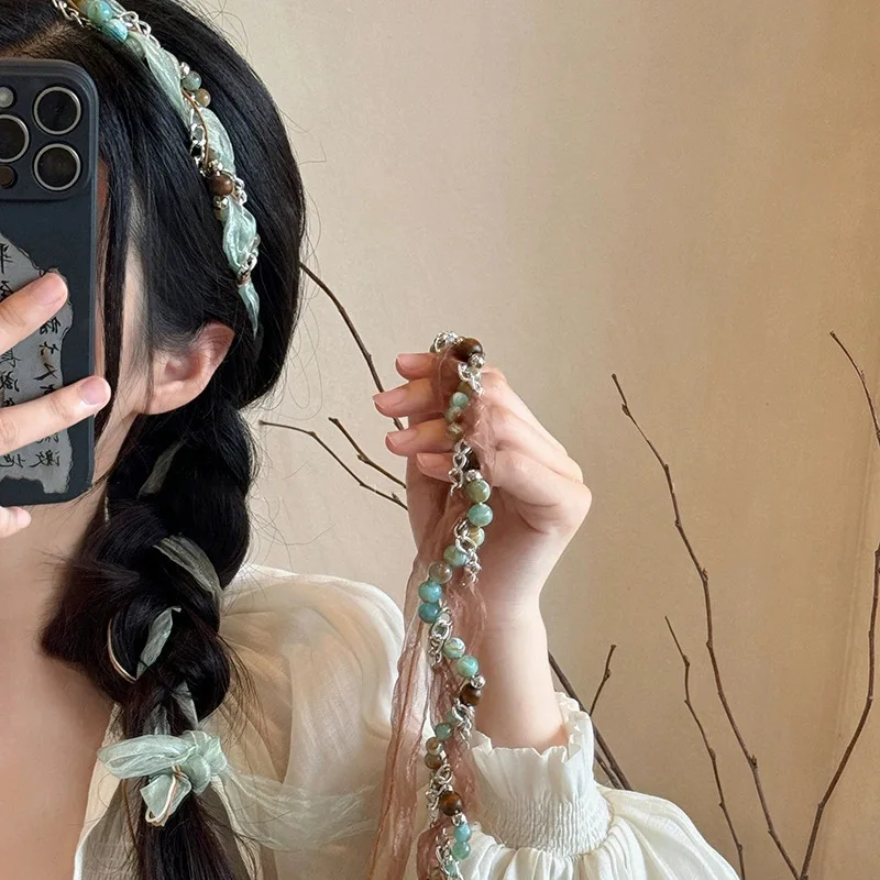 

Bohemian ethnic style natural stone belt women's retro mesh braided hair belt dress waist chain hair accessories