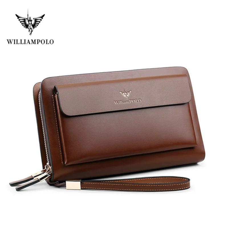 WILLIAMPOLO Negócios Mens Clutch Bags Real Leather Phone Organizador De Cartão De Crédito Carteira Grande De Luxo Duplo Zipper Carteira De Embreagem