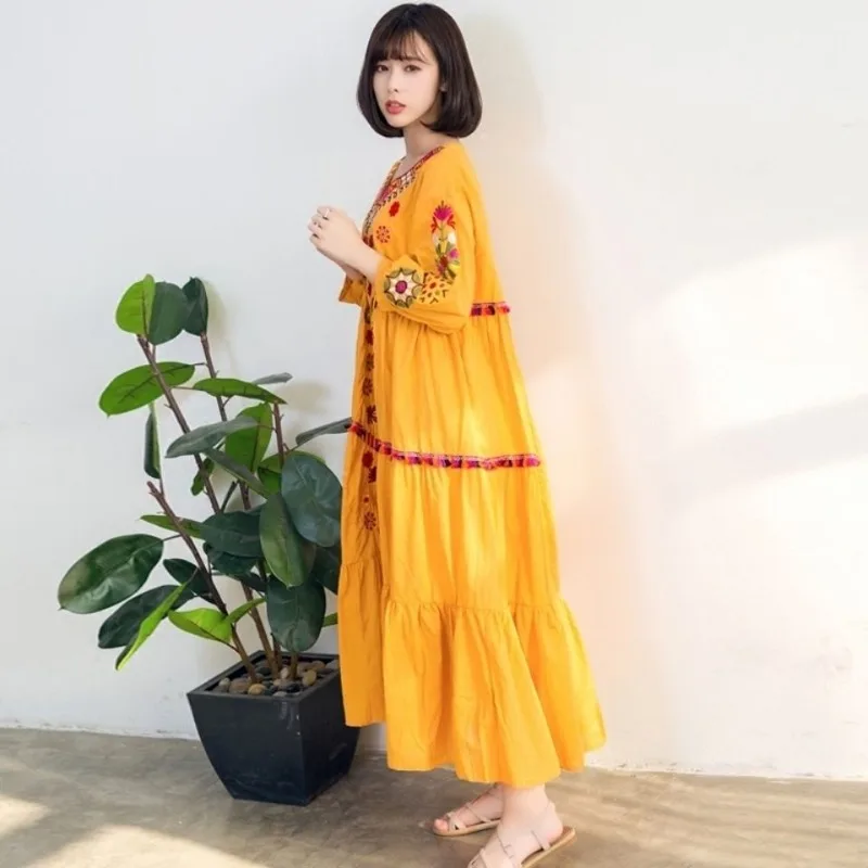 Thai style Bohemian ethnic style women embroidered travel dress Island vacation beach skirt long skirt beach dress