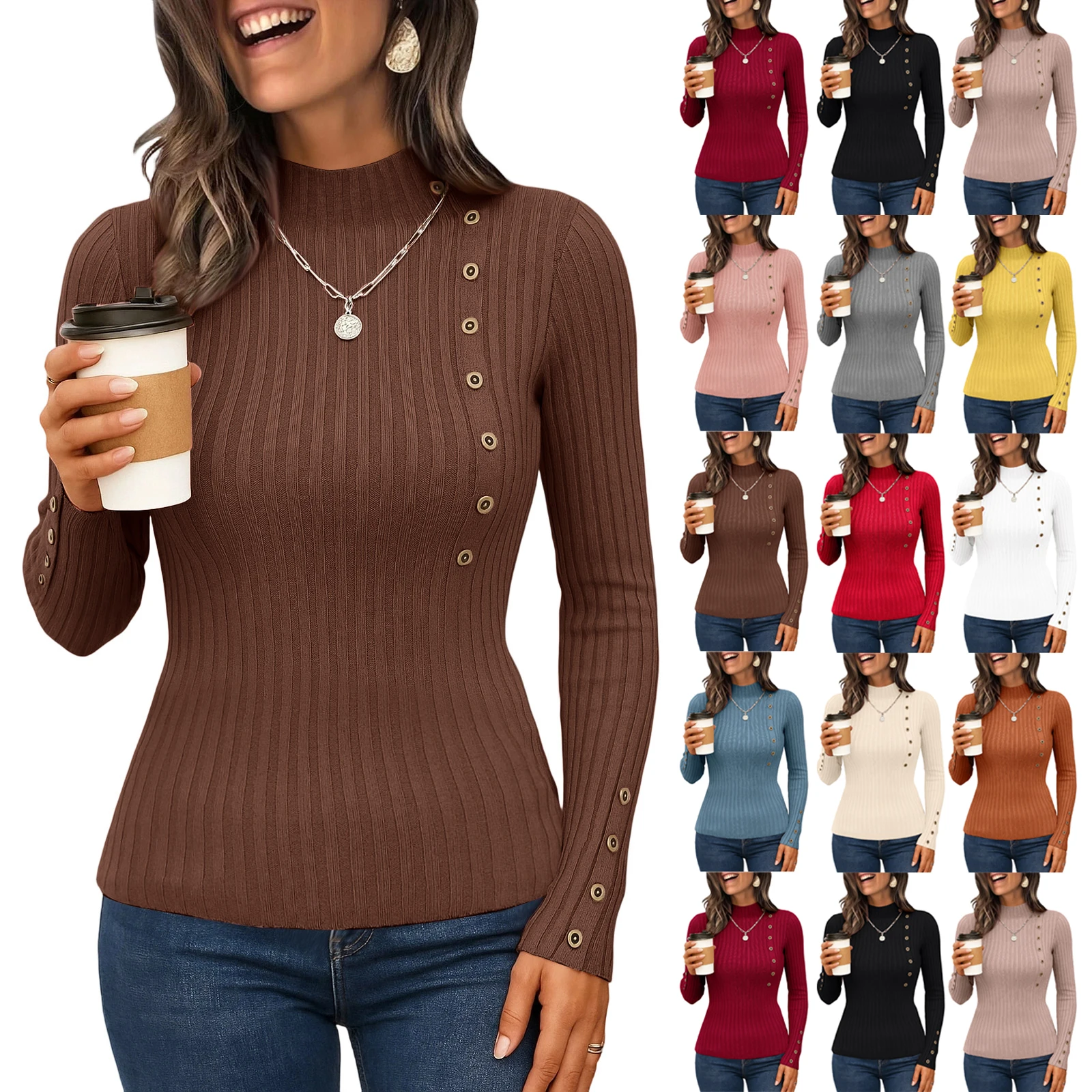 سترات نسائية متماسكة غير رسمية بلون سادة ورقبة عالية وأكمام طويلة سترات كورية سترة خريف وشتاء للنساء