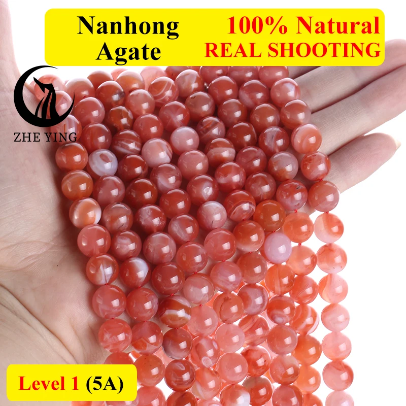 Zhe Ying Natural Nanhong Agate Beads Round Loose Gemstone Beads for Bracelet Making Diy Jewelry Accessories Strand 15\'\'