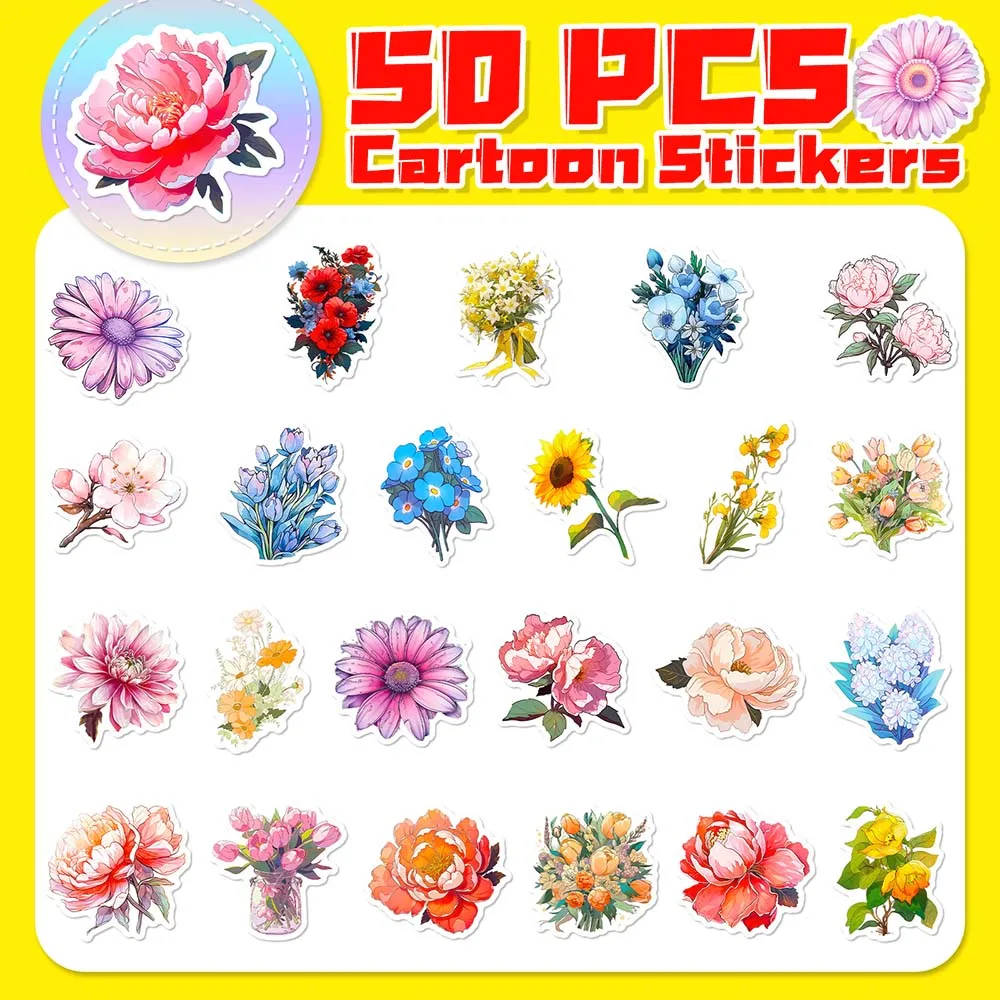 Cartoon Floral e Flor e Planta Adesivos Pack, Decalques Graffiti para Crianças, Scrapbooking, Bagagem, Laptop, Notebook, Papel de Parede, Telefone,