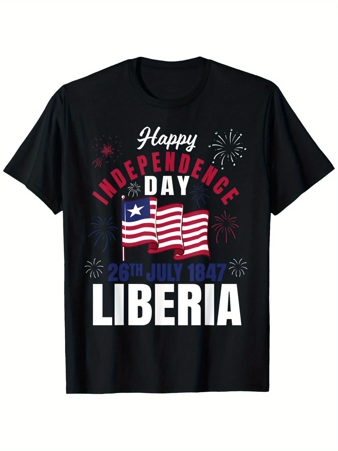 Happy Liberia Independence Day Liberia Liberian Flag T-Shirt 100% Cotton Round Neck T-shirt Halloween Thanksgiving Christmas Gif
