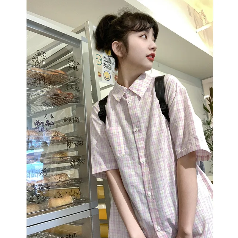 

Summer Loose Comfortable Checkered Short Sleeve Shirt for High School Students Collar Sweet Style Chinese Production