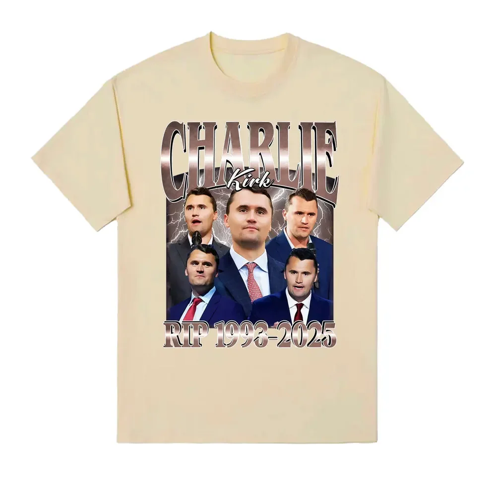 كوميدي تشارلي كيرك RIP 1993-2025 التذكارية السياسية الرجعية الجرافيك الرجال والنساء الصيف تي شيرت مطبوع #4