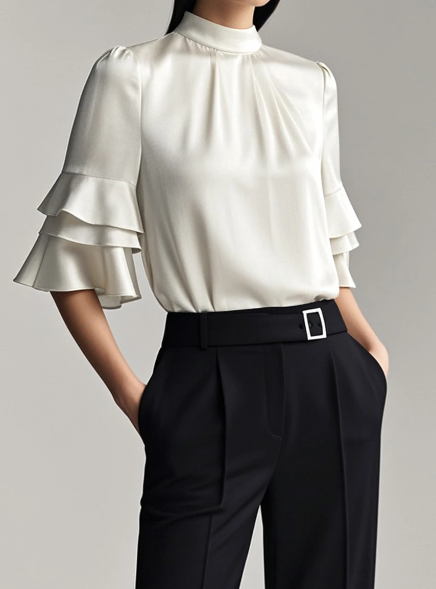 

Women's Speing Autumn Elegant Business Work Blouse 2025 New Casual Half Ruffle Sleeves Layered White Woman Shirts Top Trendy