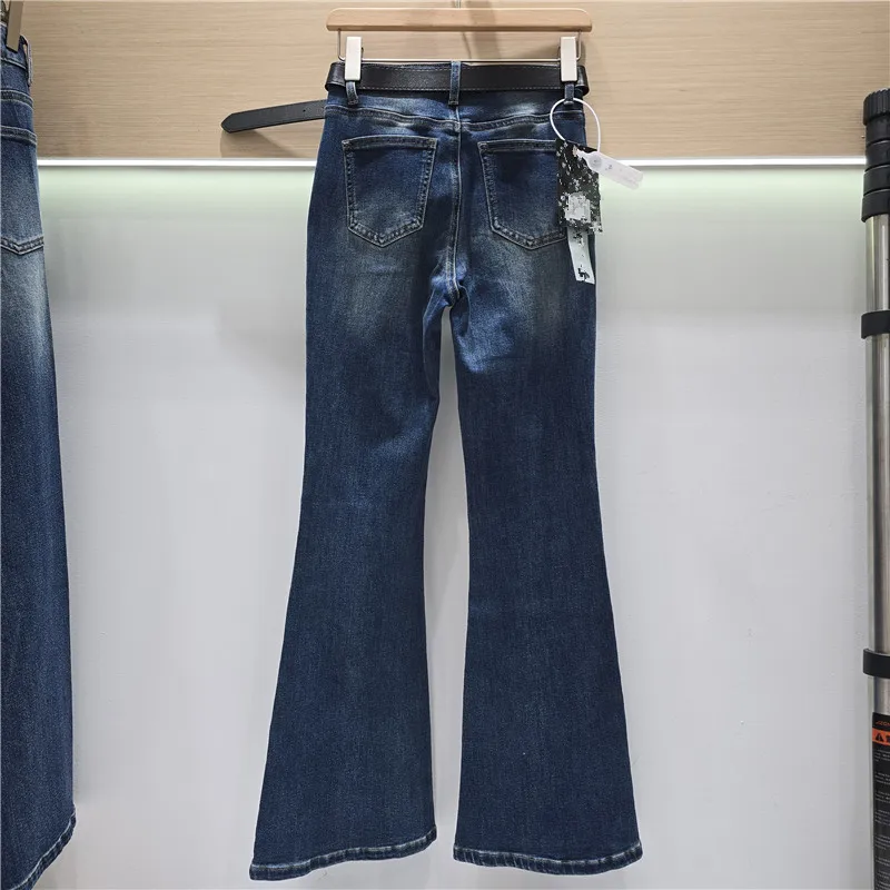 Fashionable New Spring Autumn Women Flare Jeans High Waist All-match Floor-length Stretch Slimming Flowers Beads Denim Pants