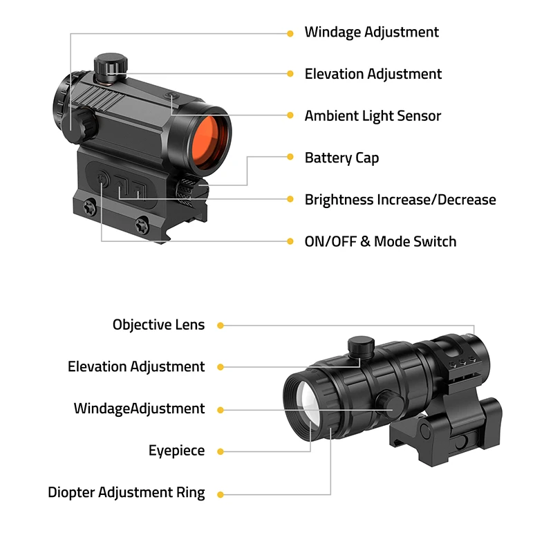 MidTen Riflescope بندقية الصيد نطاقات 3X المكبر كومبو 3 MOA نقطة حمراء الثلاثية الأبعاد ضبط السطوع التلقائي الوجه إلى الجانب #3