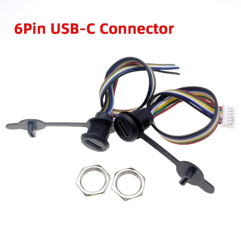 25pcs 6Pin USB-C Connector Type-C Waterproof jack with CC1/CC2 cable PH 2.0 nut locking Panel mounting TPC Fast Charging port