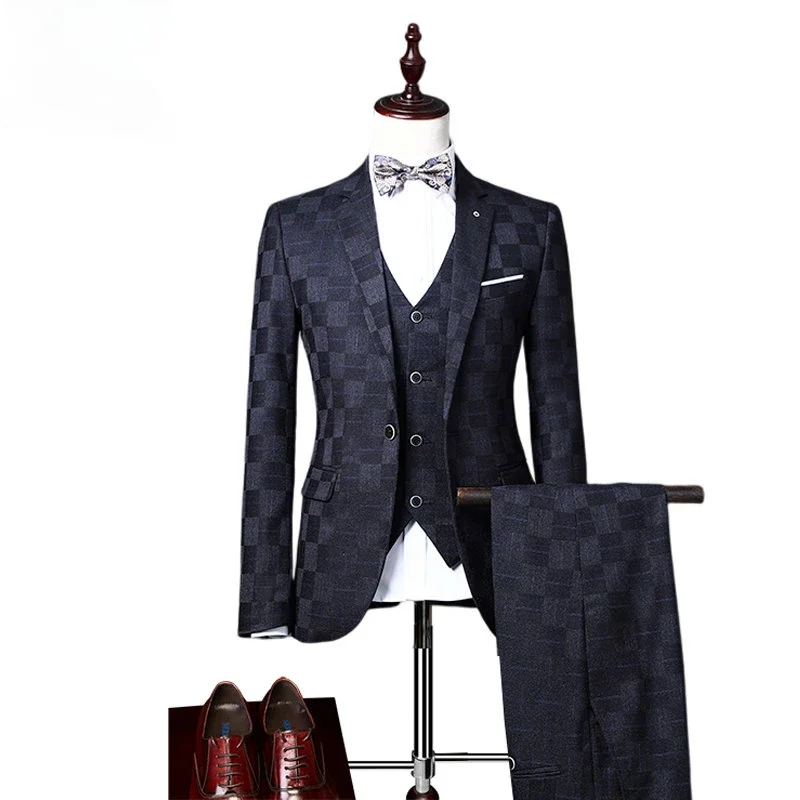 

Boutique Fashion Checker Men's Leisure Business Office Set Three Piece Bride Wedding Dress Slim Fit Set