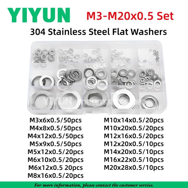 20-200pcs M2 M3 M4 304 Stainless Steel Flat Washer Washers Gasket Gaskets 0.1mm 0.3mm 0.5mm 0.8mm 1mm Thickness M3-M20x0.5 Set