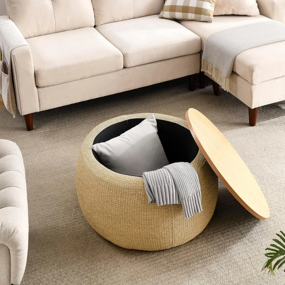 مسند تخزين دائري حديث مع غطاء خشبي، طاولة قهوة عثمانية مصنوعة يدويًا على شكل دائرة عثمانية، طاولة نهائية ومسند للقدمين لغرفة المعيشة