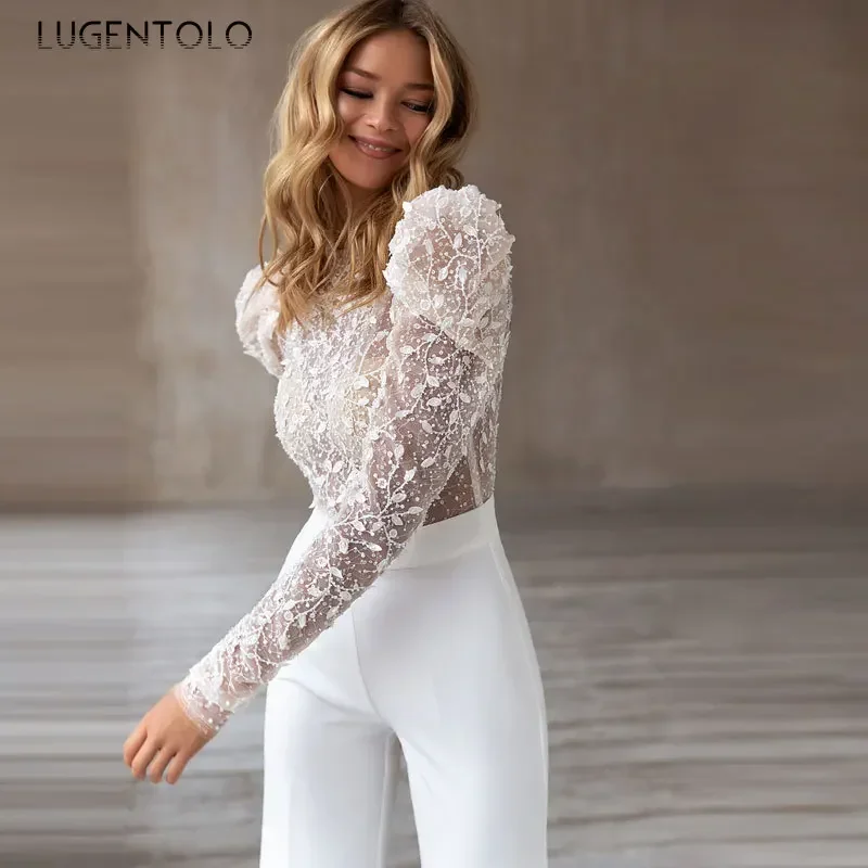 Women Jumpsuit Round Neck Sexy Backless Long Sleeves Hot Stamping Sequins Fall Female New Fashion Bodysuit